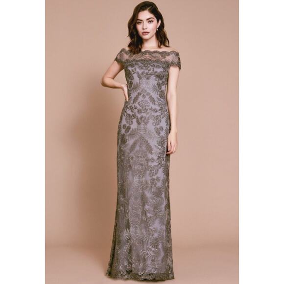 Tadashi Shoji Illusion Neck Lace Gown Embroidered Dark Pearl Size 2 NWT - Picture 1 of 12